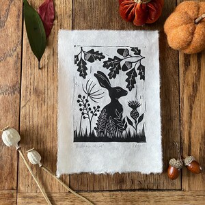 Original 'Autumn hare' print on lokta paper, lino print, home & living, home decor, wall art, nursery decor, nature themed, autumnal, fall