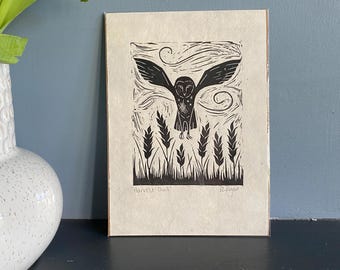 Original 'Harvest Owl' lino print | home & living | wildlife print | owl lovers | nursery decor | wall art | owl gift | nature themed