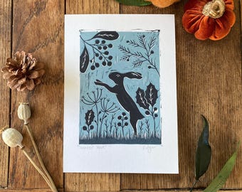 Original 'Winter Hare' lino print, home & decor, wildlife, nursery decor, wall art, nature themed, A5, farmhouse, countryside
