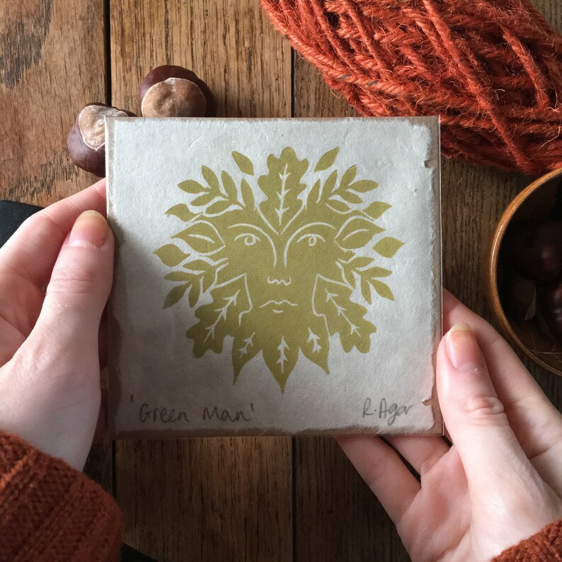 home /& living home decor wall art the green man block print gift Mini green man lino print nature themed print small prints