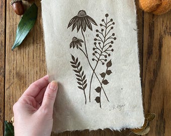 Original botanical lino print with leaves & flowers, floral print, echinacea print, coneflower, nursery decor, wall art, rustic style