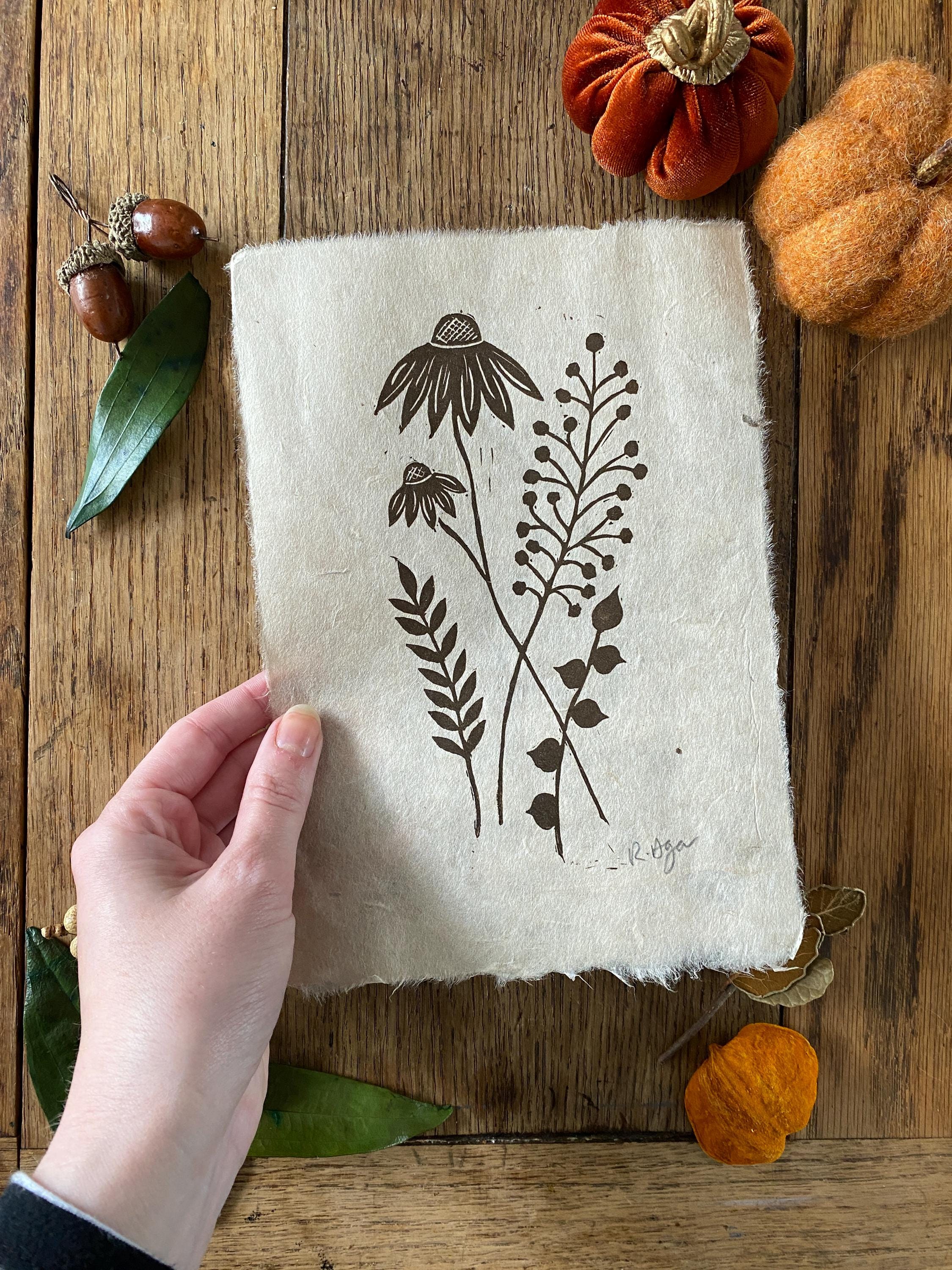 Original botanical lino print with leaves & flowers, floral print, echinacea print, coneflower, nursery decor, wall art, rustic style