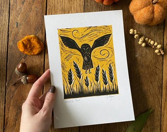 Original 'Harvest Owl' lino print | home & living | home decor | wall art | prints | wildfife | rustic style | nursery decor | A5 | gifts