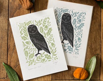 Original 'Botanical owl' lino print | home & living | home decor | barn owl print | wall art | prints | housewarming gift | nature themed