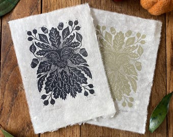 Original 'Green Man' lino print, hand printed, folklore inspired, folklore print, the green man, rustic style, home decor, A5 print, nature