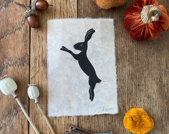 Small boxing hare lino print, original print, countryside, home & living, farmhouse decor, nature themed, A6 print, woodland, rustic style