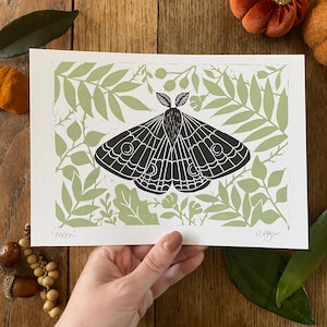 May include: A black and white moth print with a light green leaf pattern background. The word "Moth" is printed at the bottom left corner. The print is on white paper.
