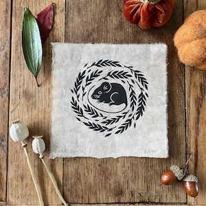 Original 'field mouse' lino print, nature themed, wall decor, home and living, fall print, home decor, wood & linocut prints, autumnal