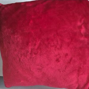 May include: A square, plush pillow in a deep red color. The pillow has a soft, velvety texture and appears to be made of a fuzzy material. The pillow is a solid color with no visible patterns or designs.