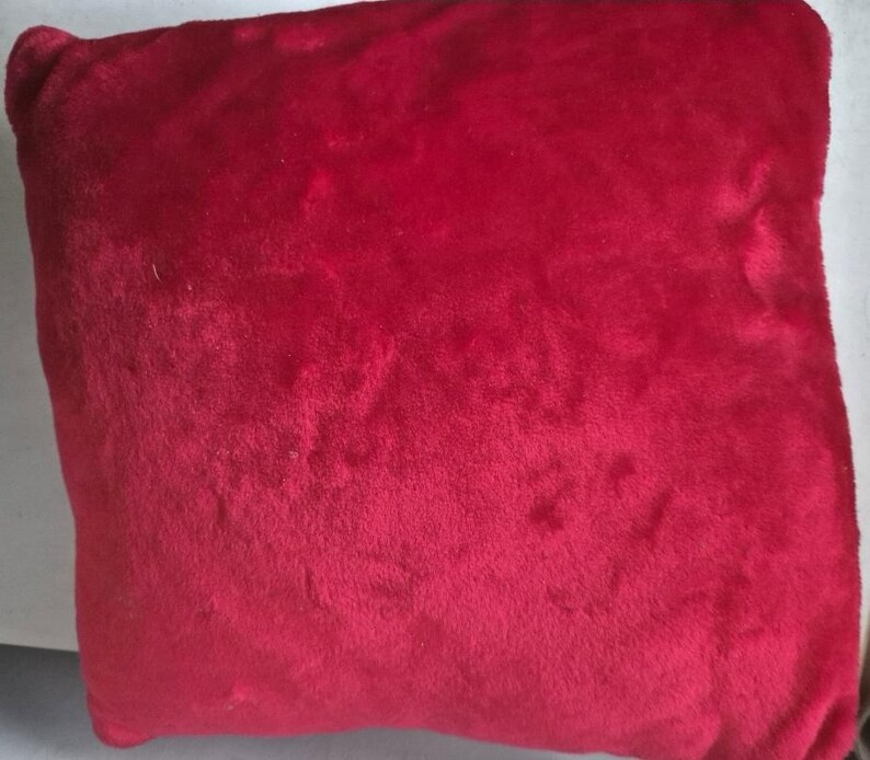 May include: A square, plush pillow in a deep red color. The pillow has a soft, velvety texture and appears to be made of a fuzzy material. The pillow is a solid color with no visible patterns or designs.