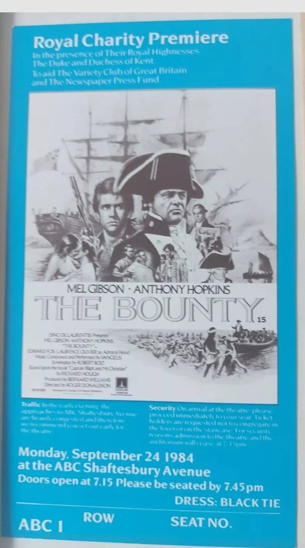 The Bounty 1984 Royal Charity Premiere Ticket - Anthony Hopkins & Mel Gibson