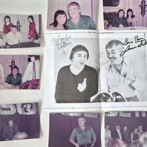 May include: A selection of vintage photographs and a magazine spread, featuring images of a man, possibly from the 1970s or 1980s. The photos include candid shots and signed images, capturing various moments and events.