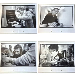 Puede incluir: Cuatro fotografías en blanco y negro. La superior izquierda muestra a una persona trabajando en una silla. La superior derecha muestra a una persona trabajando en un escritorio. La inferior izquierda muestra a dos personas trabajando juntas. La inferior derecha muestra a una persona trabajando con maquinaria.