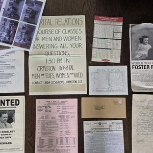 May include: A collection of vintage ephemera, including a "Wanted" poster for Dickie Dimbleby, a flyer for a foster parent program, and a course announcement for men and women. Other items include a train schedule, a map, and various documents.