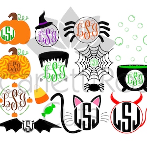 May include: A set of 11 Halloween-themed SVG files featuring various designs, including pumpkins, a witch's hat, a spider, a cauldron, a bat, a cat, and a devil. Each design includes a monogrammed circle with the letters "LSJ".