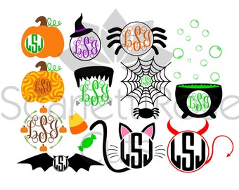 Könnte beinhalten: Ein Set mit 11 Halloween-SVG-Dateien mit verschiedenen Designs, darunter Kürbisse, ein Hexenhut, eine Spinne, ein Kessel, eine Fledermaus, eine Katze und ein Teufel. Jedes Design enthält einen Monogrammkreis mit den Buchstaben "LSJ".