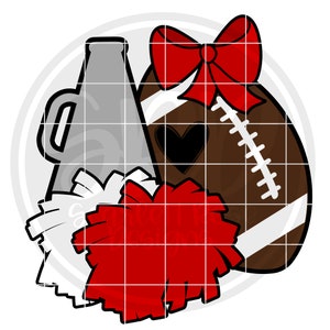 May include: A brown and white football with a red bow on top, a silver megaphone, and a red and white pom-pom.