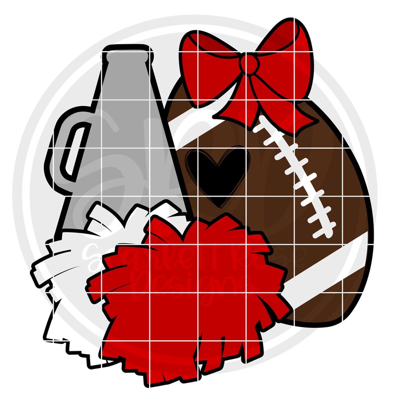 May include: A brown and white football with a red bow on top, a silver megaphone, and a red and white pom-pom.