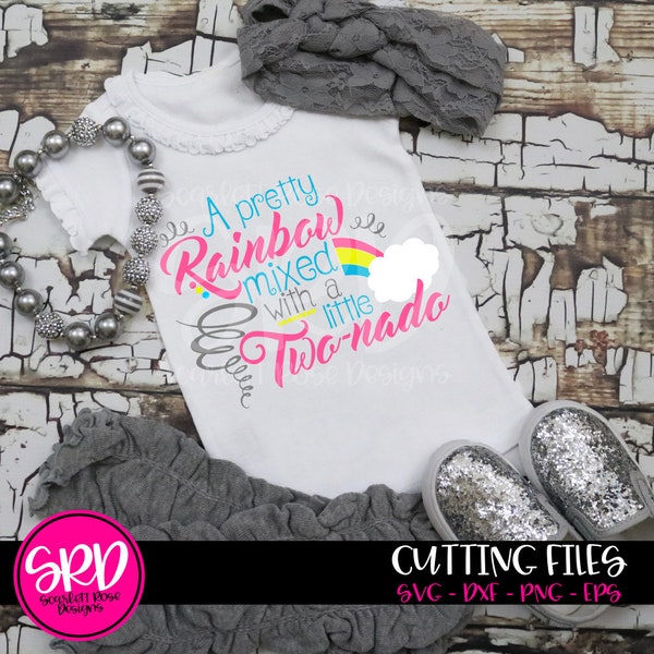 Pretty Rainbow mixed with A little Two nado SVG, svg cut file, Girl Shirt, 2nd birthday svg, Rainbow svg, second birthday svg, cameo, cricut