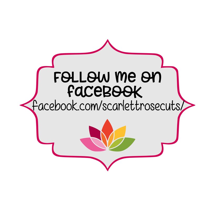 May include: A gray and white speech bubble with a pink border. The text inside the speech bubble reads "Follow me on facebook facebook.com/scarlettrosecuts/" with a colorful flower graphic below the text.