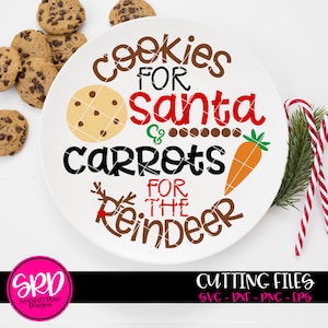 SVG de Natal, biscoitos para o Papai Noel, cenouras para as renas, arquivo de corte de design de prato de biscoito do Papai Noel para camafeu de silhueta e corte