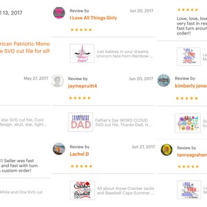 May include: A collage of Etsy product listings with customer reviews and product images. The products include SVG cut files for a variety of designs, including a patriotic frame, a unicorn, a rock star, a father's day word cloud, a summer time monogram, a red white and one design, a cracker jack and baseball cap design, and a land of the free design.