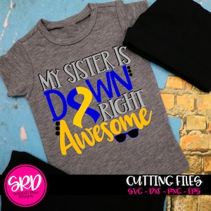 May include: A grey t-shirt with the text "My sister is down right awesome" in yellow, blue, and black lettering. The text includes a yellow and blue ribbon. The shirt is on a brick background.