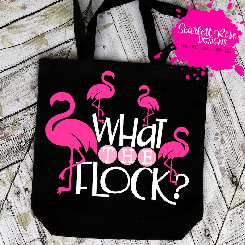 May include: Black tote bag with a white graphic that says "What the flock?" with pink flamingo silhouettes.