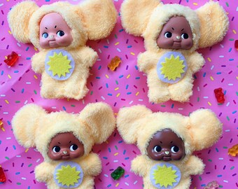 custom doll white plushie winter pompoms kewpie art mixed media lowbrow pop surrealist kitschy decor Polar Bear Cupie teddy bear