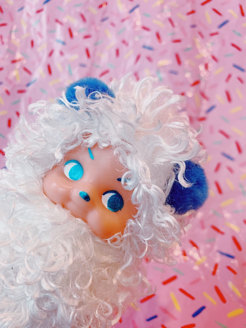 custom doll white plushie winter pompoms kewpie art mixed media lowbrow pop surrealist kitschy decor Polar Bear Cupie teddy bear