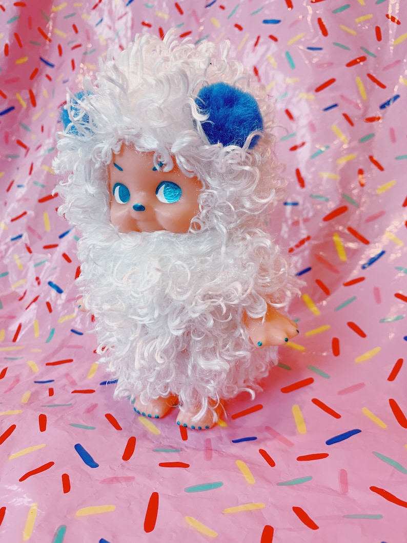 custom doll white plushie winter pompoms kewpie art mixed media lowbrow pop surrealist kitschy decor Polar Bear Cupie teddy bear