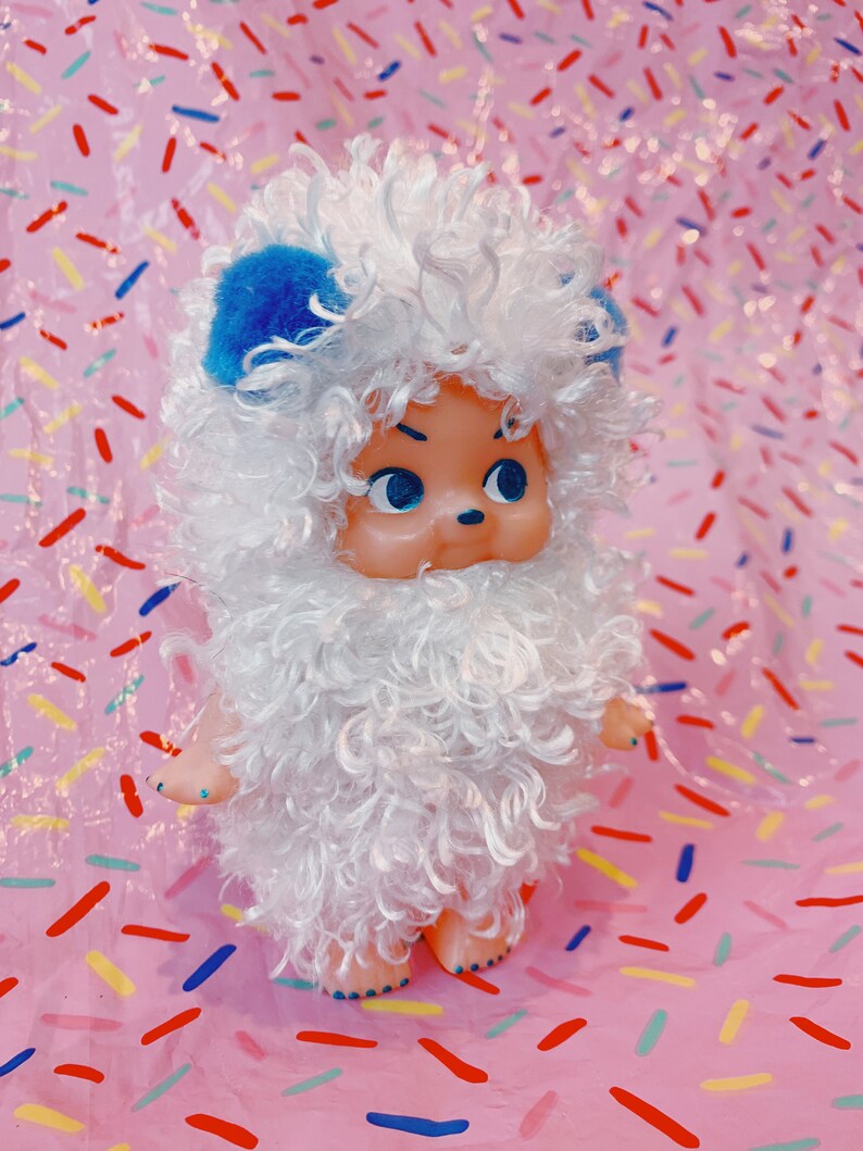 custom doll white plushie winter pompoms kewpie art mixed media lowbrow pop surrealist kitschy decor Polar Bear Cupie teddy bear