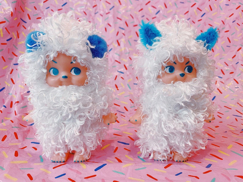 custom doll white plushie winter pompoms kewpie art mixed media lowbrow pop surrealist kitschy decor Polar Bear Cupie teddy bear
