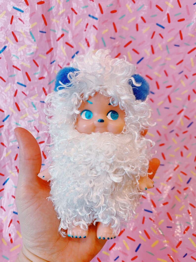 custom doll white plushie winter pompoms kewpie art mixed media lowbrow pop surrealist kitschy decor Polar Bear Cupie teddy bear