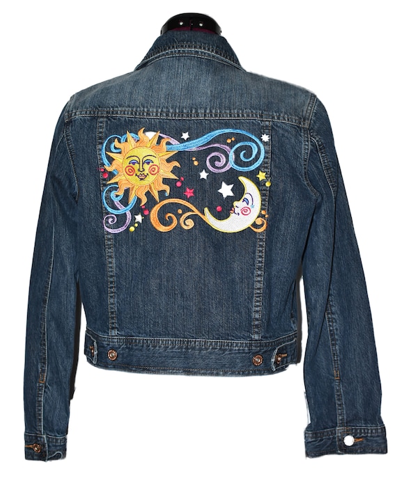 Embroidered Upcycled Jean Jacket with Celestial Sun, Moon, and Stars