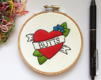 4 Inch 'I Heart Butts' Classic Tattoo Style Embroidery Hoop // Modern Embroidery Wall Art // Subversive Contemporary Decor