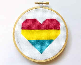 4" Pansexual Pride Flag Cross Stitch Heart Hoop // LGBTQ Pride Month // Pan Wall Art