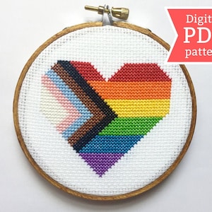 PDF pattern: Progress Pride Flag Heart Cross Stitch Pattern // LGBTQ fiber arts // PDF only