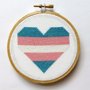 4" Transgender Pride Flag Heart Cross Stitch // LGBTQ Fiber Art // Queer Wall Decor