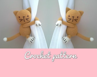 Kitty, Gato/Cat curtain tieback crochet PATTERN English and Spanish-Español Patron Gato Abraza Cortinas