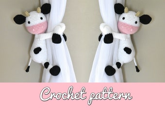 Cow curtain tieback crochet PATTERN, right or left cow tieback pattern PDF instant download - by BBadorables