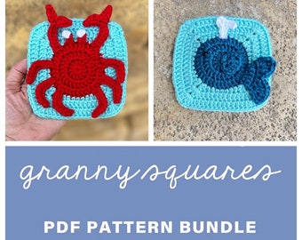 Bundle 2 _Crochet crab square pattern // Crochet whale square pattern // blanket square // Crochet animal pattern// Sea animals