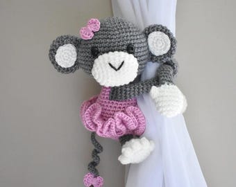 Tutu Monkey curtain tieback crochet PATTERN, right or left monkey tieback pattern PDF instant download - by BBadorables