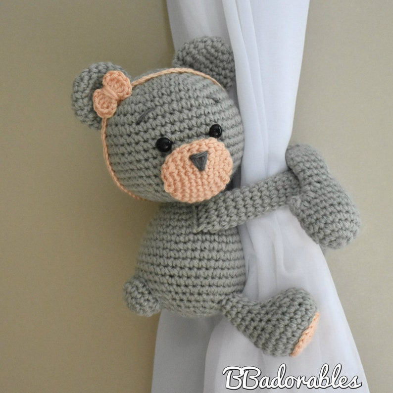 Teddy curtain tieback Spanish Espa\u00f1ol right or left tieback pattern PDF instant download crochet PATTERN English Peaches