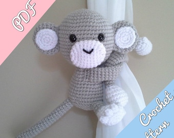 Monkey curtain tieback CROCHET PATTERN, right or left monkey tieback pattern PDF instant download - by BBadorables