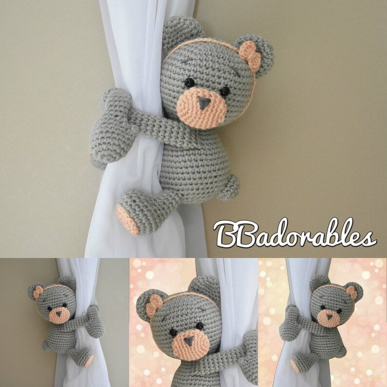 Teddy curtain tieback Spanish Espa\u00f1ol right or left tieback pattern PDF instant download crochet PATTERN English Peaches