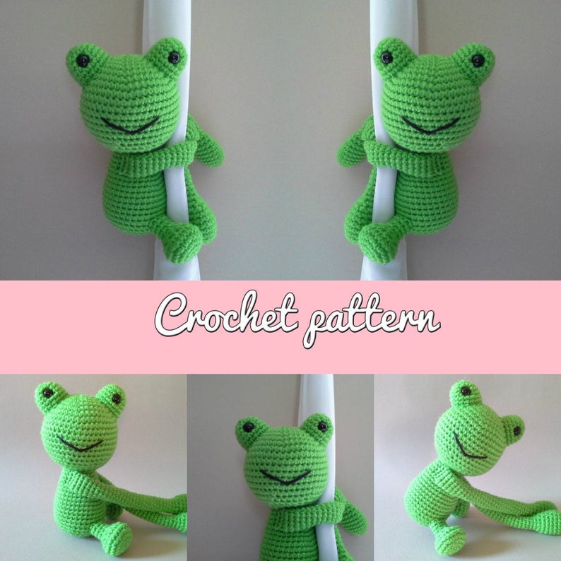 May include: Crochet pattern for a green frog amigurumi toy. The frog is holding onto a white pole with its arms and legs. The frog has black eyes and a black smile.