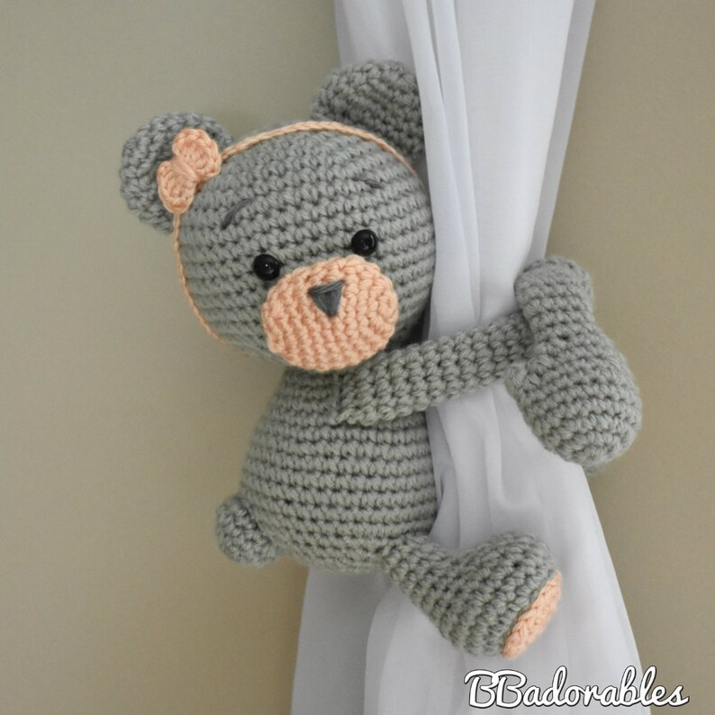 Teddy curtain tieback Spanish Espa\u00f1ol right or left tieback pattern PDF instant download crochet PATTERN English Peaches