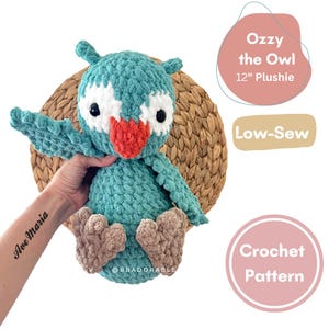 May include: A crochet pattern for a 12-inch teal blue owl plush toy named "OzZy the Owl". The pattern is described as "Low-Sew" and a "crochet pattern".