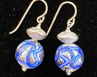 Striking Blue and Silver Murano Galaxy Earrings with Sterling Silver Findings